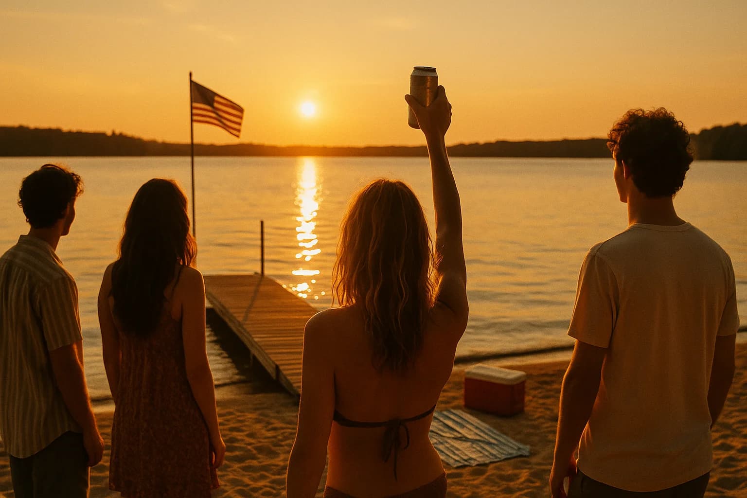 Sun-drenched lakeside scene with cold beers and American summer vibes